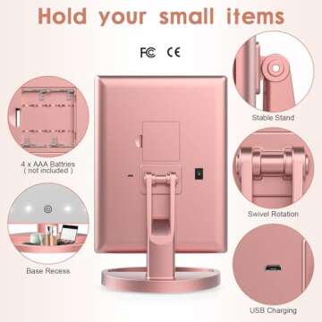 WEILY Lighted Vanity Makeup Mirror 1x/2x/3x Magnification Trifold with 21 LED Lights Touch Screen and USB Charging, 180 Degree Adjustable Stand for Countertop Cosmetic Makeup Mirror(Rose Gold)