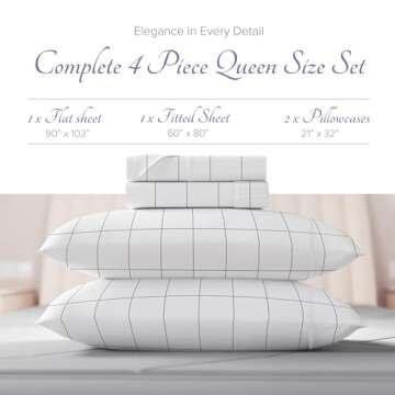 Carressa Linen Luxury Egyptian Cotton Queen Printed Sheet Set - 600 Thread Count Extra Long Staple 4 PC Set, Window Pane Queen Printed Sheets, Soft, Cooling Sateen Weave Sheets Upto 18 in Deep Pocket