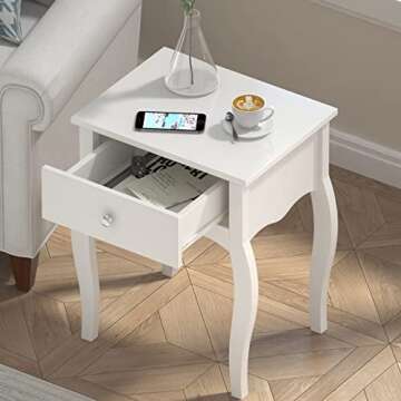 ChooChoo End Table with Wavy Silhouette & Curved Legs, Narrow Nightstand with Storage Drawer, Modern Side Table, Night Stands for Bedrooms Set of 2, Small Spaces, 18.7"L x 13.7"W x 21.6"H (2, White)