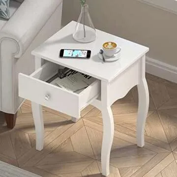 ChooChoo End Table with Wavy Silhouette & Curved Legs, Narrow Nightstand with Storage Drawer, Modern Side Table, Night Stands for Bedrooms Set of 2, Small Spaces, 18.7"L x 13.7"W x 21.6"H (2, White)