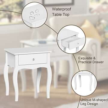 ChooChoo End Table with Wavy Silhouette & Curved Legs, Narrow Nightstand with Storage Drawer, Modern Side Table, Night Stands for Bedrooms Set of 2, Small Spaces, 18.7"L x 13.7"W x 21.6"H (2, White)