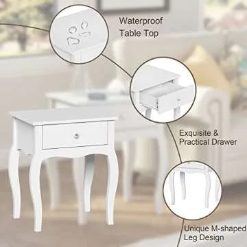 ChooChoo End Table with Wavy Silhouette & Curved Legs, Narrow Nightstand with Storage Drawer, Modern Side Table, Night Stands for Bedrooms Set of 2, Small Spaces, 18.7"L x 13.7"W x 21.6"H (2, White)