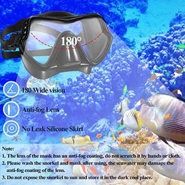 Snorkel Mask Set Snorkeling Gear – Dry Snorkel Set and Mask Kids Adults Anti Fog 180 Degree Seaview with Mesh Bag, Scuba Diving Swimming Training Equipment Youth Junior Men Womens (Black, Adults)