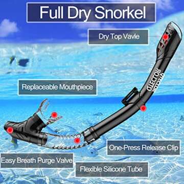 Snorkel Mask Set Snorkeling Gear – Dry Snorkel Set and Mask Kids Adults Anti Fog 180 Degree Seaview with Mesh Bag, Scuba Diving Swimming Training Equipment Youth Junior Men Womens (Black, Adults)