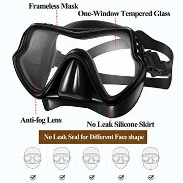 Snorkel Mask Set Snorkeling Gear – Dry Snorkel Set and Mask Kids Adults Anti Fog 180 Degree Seaview with Mesh Bag, Scuba Diving Swimming Training Equipment Youth Junior Men Womens (Black, Adults)
