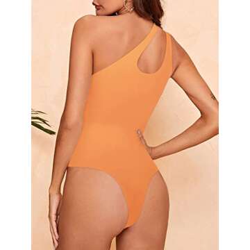 REORIA Women's Summer Sexy One Shoulder Cutout Front Sleeveless One Piece Tank Tops Backless Thong Bodysuits Leotards for Going Out Orange Small