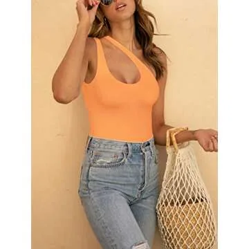 REORIA Women's Summer Sexy One Shoulder Cutout Front Sleeveless One Piece Tank Tops Backless Thong Bodysuits Leotards for Going Out Orange Small