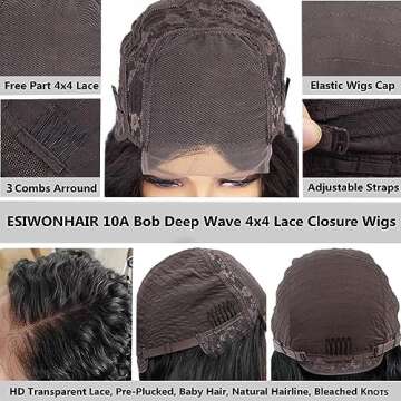 Short Curly Bob Wigs Deep Wave HD Transparent Lace Closure Human Hair Wigs for Black Women Brazilian Virgin Curly Bob 4x4 Glueless Lace Front Wigs Pre Plucked with Baby Hair (14Inch, Natural Color)