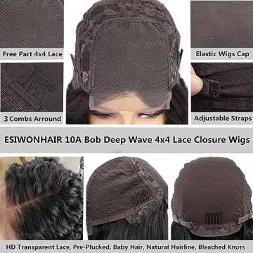 Short Curly Bob Wigs Deep Wave HD Transparent Lace Closure Human Hair Wigs for Black Women Brazilian Virgin Curly Bob 4x4 Glueless Lace Front Wigs Pre Plucked with Baby Hair (14Inch, Natural Color)