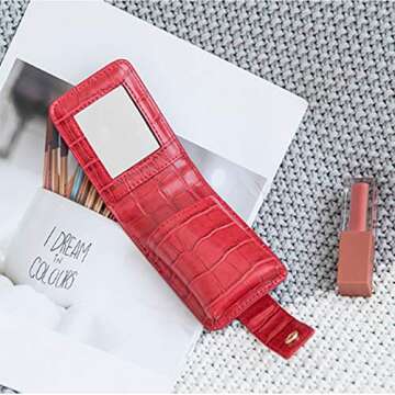 HSK_Mall Makeup Lipstick Case with Mirror, for Outside Mini Bag Travel Cosmetic Pouch Lipstick Box Organizer Bag for Women Ladies Gifts for Liquid Lipsticks and Lip Gloss and Lip Balm, Red