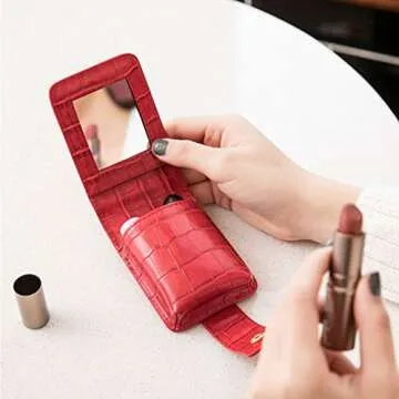 HSK_Mall Makeup Lipstick Case with Mirror, for Outside Mini Bag Travel Cosmetic Pouch Lipstick Box Organizer Bag for Women Ladies Gifts for Liquid Lipsticks and Lip Gloss and Lip Balm, Red