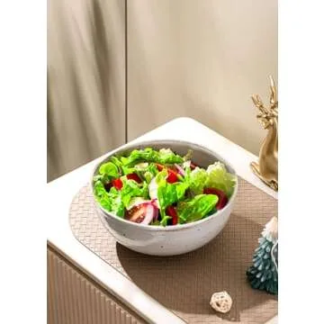 KuJaRen Mixing Bowl, Salad Bowl, Ceramic Serving Bowl, 9 inch Popcorn Bowl, Stoneware Bowl for Cooking Fruit Bowl, Handmade White Bowl, Microwave & Dishwasher Safe