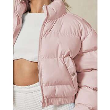 Yeokou Women's Cropped Puffer Jacket Black Stand Collar Zip Up Short Bubble Coat with Pockets(Pink-XS)