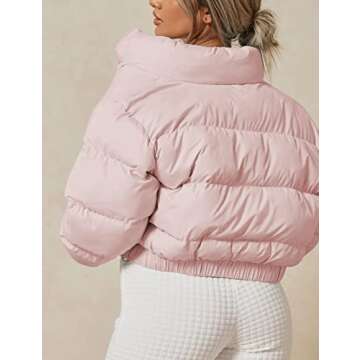 Yeokou Women's Cropped Puffer Jacket Black Stand Collar Zip Up Short Bubble Coat with Pockets(Pink-XS)