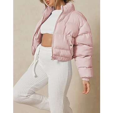 Yeokou Women's Cropped Puffer Jacket Black Stand Collar Zip Up Short Bubble Coat with Pockets(Pink-XS)