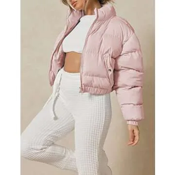 Yeokou Women's Cropped Puffer Jacket Black Stand Collar Zip Up Short Bubble Coat with Pockets(Pink-XS)