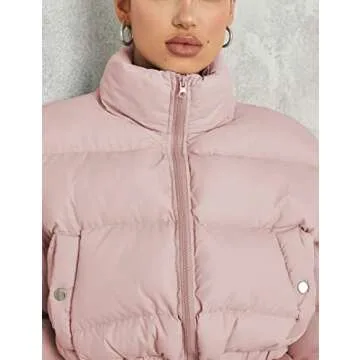 Yeokou Women's Cropped Puffer Jacket Black Stand Collar Zip Up Short Bubble Coat with Pockets(Pink-XS)