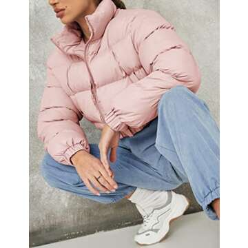 Yeokou Women's Cropped Puffer Jacket Black Stand Collar Zip Up Short Bubble Coat with Pockets(Pink-XS)