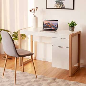 Tangkula White Desk with Drawer & Cabinet, Wooden Home Office Desk, PC Laptop Workstation Study Writ...