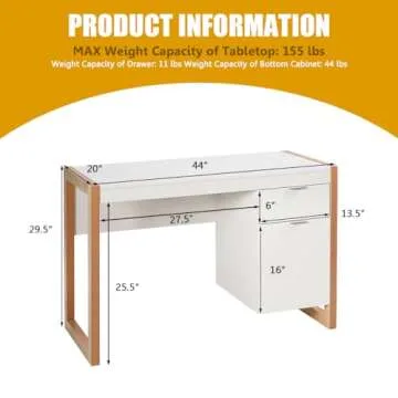 Tangkula White Desk with Drawer & Cabinet, Wooden Home Office Desk, PC Laptop Workstation Study Writing Desk, Ideal for Bedroom Home Office (White & Natural)