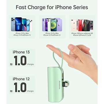 amelema Small Portable Charger for iPhone, 5000mAh Mini Power Bank with Built-in Cable/Metal Stand, Cute Battery Pack Compatible with iPhone 14/14 Plus/Pro Max/13/12/11/XS/XR/X/8/7/Airpods（Green）