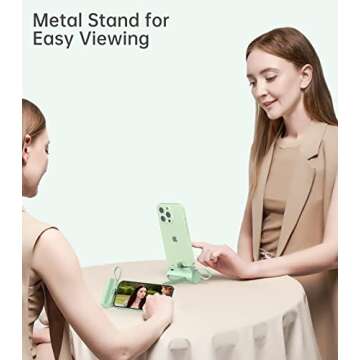 amelema Small Portable Charger for iPhone, 5000mAh Mini Power Bank with Built-in Cable/Metal Stand, Cute Battery Pack Compatible with iPhone 14/14 Plus/Pro Max/13/12/11/XS/XR/X/8/7/Airpods（Green）