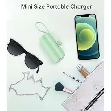 amelema Small Portable Charger for iPhone, 5000mAh Mini Power Bank with Built-in Cable/Metal Stand, Cute Battery Pack Compatible with iPhone 14/14 Plus/Pro Max/13/12/11/XS/XR/X/8/7/Airpods（Green）