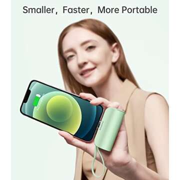 amelema Small Portable Charger for iPhone, 5000mAh Mini Power Bank with Built-in Cable/Metal Stand, Cute Battery Pack Compatible with iPhone 14/14 Plus/Pro Max/13/12/11/XS/XR/X/8/7/Airpods（Green）