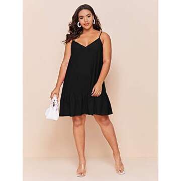 Milumia Women's Plus Size Smock Dress V Neck Spaghetti Strap Ruffle Hem Cami Short Dress Black 3X-Large Plus