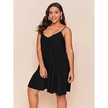 Milumia Women's Plus Size Smock Dress V Neck Spaghetti Strap Ruffle Hem Cami Short Dress Black 3X-Large Plus