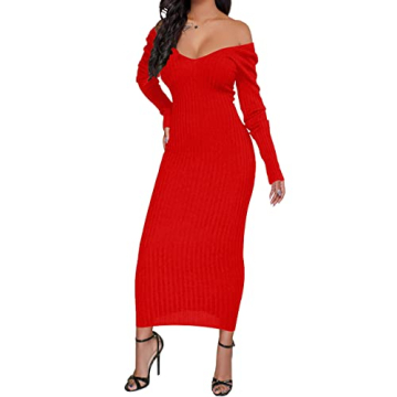 SheKiss Women's Elegant V Neck Wrap Knit Dress - Off Shoulder Solid Maxi Sweater Dress