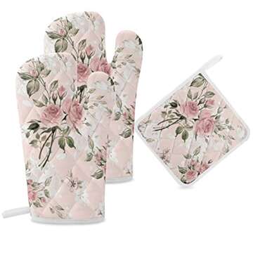 Shabby Chic Oven Mitts and Pot Holders Set - Heat Resistant