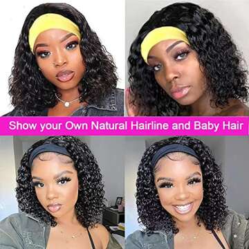 Rebasar Deep Wave Headband Wig Human Hair 14 Inch Curly Headband Wigs for Black Women Human Hair Glu...
