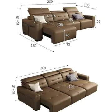 GFCDSDE Leather Couch with Electrica Retractable Pull Out Couch Bed Convertible Folding Couch Sofa Bed with Back & Square Arms Deep Seat Lounge Couchfor Living Room Home Apartment Office,3.16m