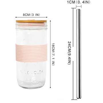 ANOTION Mason Jar with Lid and Straw, 24oz Wide Mouth Mason Jar Drinking Glasses Tumbler with Bamboo Lid and Silicone Sleeve, Reusable Cups Travel Bottle for Iced Coffee Large Pearl Juice, Pink