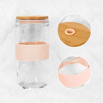 ANOTION Mason Jar with Lid and Straw, 24oz Wide Mouth Mason Jar Drinking Glasses Tumbler with Bamboo Lid and Silicone Sleeve, Reusable Cups Travel Bottle for Iced Coffee Large Pearl Juice, Pink