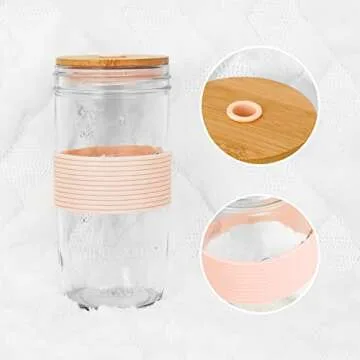 ANOTION Mason Jar with Lid and Straw, 24oz Wide Mouth Mason Jar Drinking Glasses Tumbler with Bamboo Lid and Silicone Sleeve, Reusable Cups Travel Bottle for Iced Coffee Large Pearl Juice, Pink