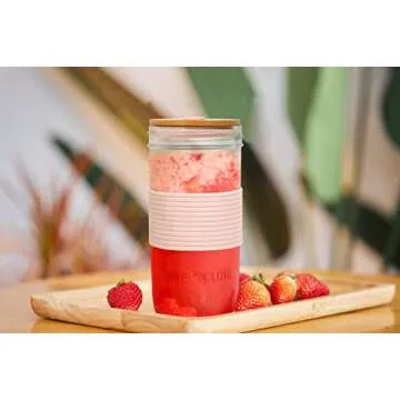 ANOTION Mason Jar with Lid and Straw, 24oz Wide Mouth Mason Jar Drinking Glasses Tumbler with Bamboo Lid and Silicone Sleeve, Reusable Cups Travel Bottle for Iced Coffee Large Pearl Juice, Pink