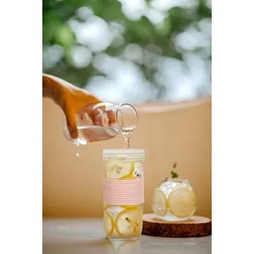 ANOTION Mason Jar with Lid and Straw, 24oz Wide Mouth Mason Jar Drinking Glasses Tumbler with Bamboo Lid and Silicone Sleeve, Reusable Cups Travel Bottle for Iced Coffee Large Pearl Juice, Pink