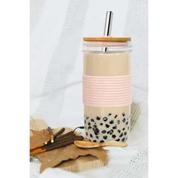 ANOTION Mason Jar with Lid and Straw, 24oz Wide Mouth Mason Jar Drinking Glasses Tumbler with Bamboo Lid and Silicone Sleeve, Reusable Cups Travel Bottle for Iced Coffee Large Pearl Juice, Pink