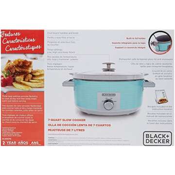 BLACK+DECKER 7-Quart Slow Cooker, SC2007D, Lid Holder, 3 Heat Settings, Extra Large Handles, Dishwasher Safe, Teal