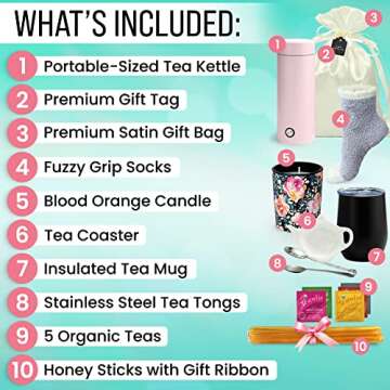 Tea Gift Basket for Women with Portable Kettle and Grippie Socks | Birthday Gift Set for Her, Mom,Wi...