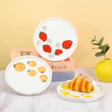 Koythin Ceramic Dinner Plate, Cute Fruits Creative Plates Design, Printed Flowers Dinnerware for Office and Home, Kitchen Plates for Dessert (Orange)