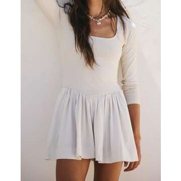 People Free Dupe Dress,Womens Long Sleeve Square Neck Drop Waist Patchwork Mini Dress White