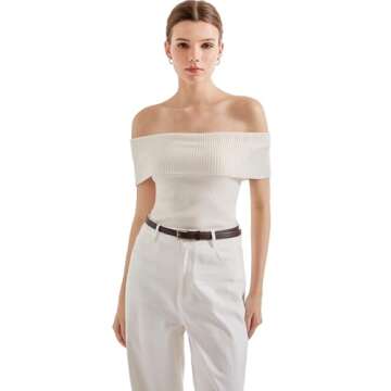 SUUKSESS Women Off Shoulder Going Out Sweaters Tops Short Sleeve Ribbed Knit Summer Sexy Shirts(White S)