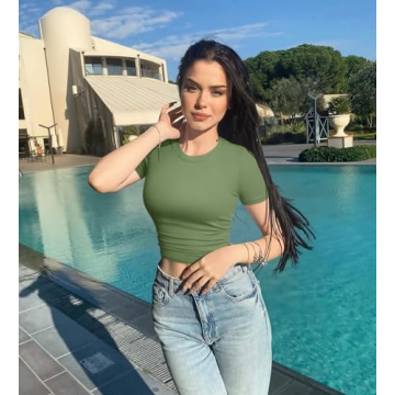 OQQ Women's 2 Piece Stretch Crop Tops - Pea Green