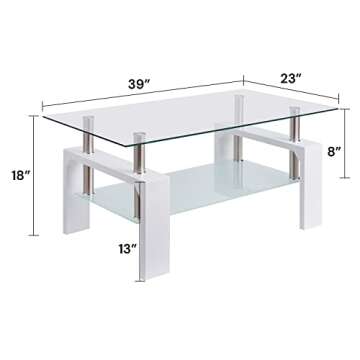 Rectangle Glass Modern Side Tea Table with Lower Shelf Suitable for Living Room, 2-Tier Center Coffe...
