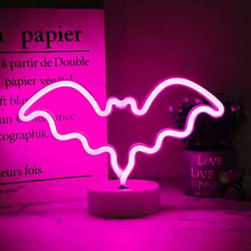 Vicila LED Neon Bat Lights Halloween Decorations, Bat Shape Neon Signs Night Lights Battery Operated...