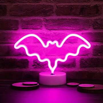 Vicila LED Neon Bat Lights Halloween Decorations, Bat Shape Neon Signs Night Lights Battery Operated Desk Table Lamp for Bedroom, Bar, Wall, Spooky Decor-Bat with Holder Base(Pink)