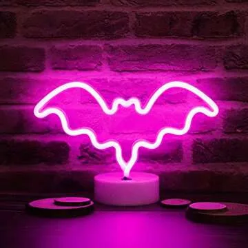 Vicila LED Neon Bat Lights Halloween Decorations, Bat Shape Neon Signs Night Lights Battery Operated Desk Table Lamp for Bedroom, Bar, Wall, Spooky Decor-Bat with Holder Base(Pink)